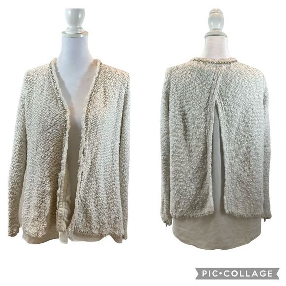 Zara Knit White Open Front Cardigan Sweater with Silver Metal Details Large - Picture 1 of 13